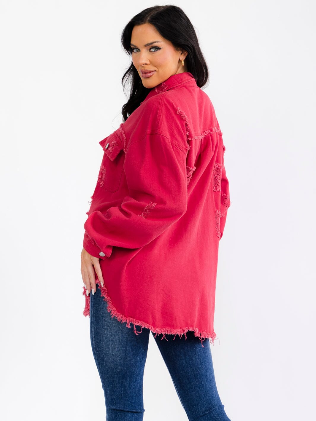 WOMEN'S LONG SLEEVE BUTTON UP FRONT POCKETS DENIM DISTRESS SHACKET