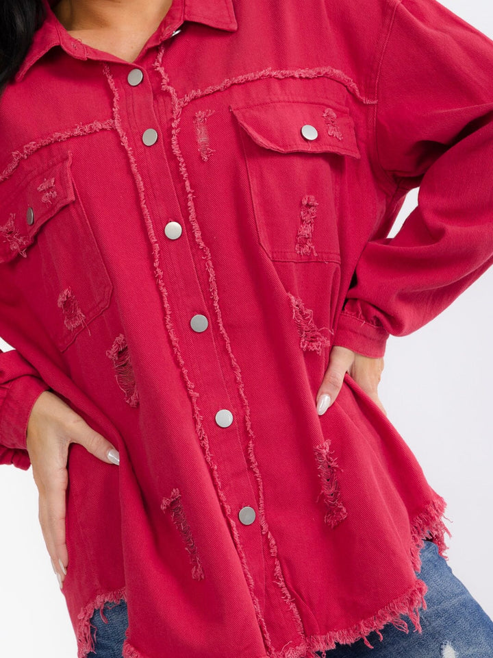 WOMEN'S LONG SLEEVE BUTTON UP FRONT POCKETS DENIM DISTRESS SHACKET