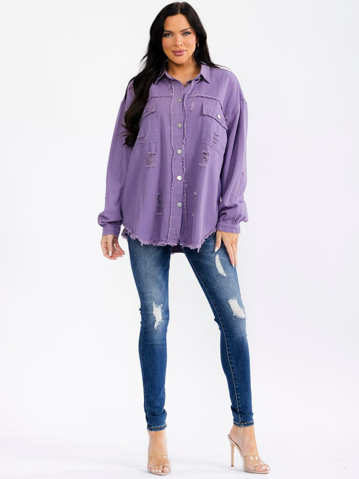 WOMEN'S LONG SLEEVE BUTTON UP FRONT POCKETS DENIM DISTRESS SHACKET