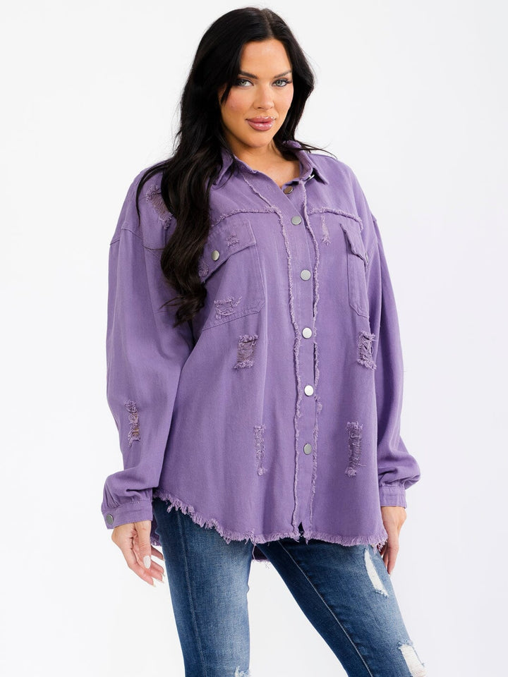 WOMEN'S LONG SLEEVE BUTTON UP FRONT POCKETS DENIM DISTRESS SHACKET