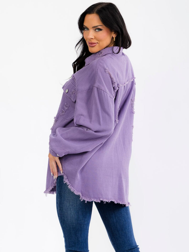 WOMEN'S LONG SLEEVE BUTTON UP FRONT POCKETS DENIM DISTRESS SHACKET