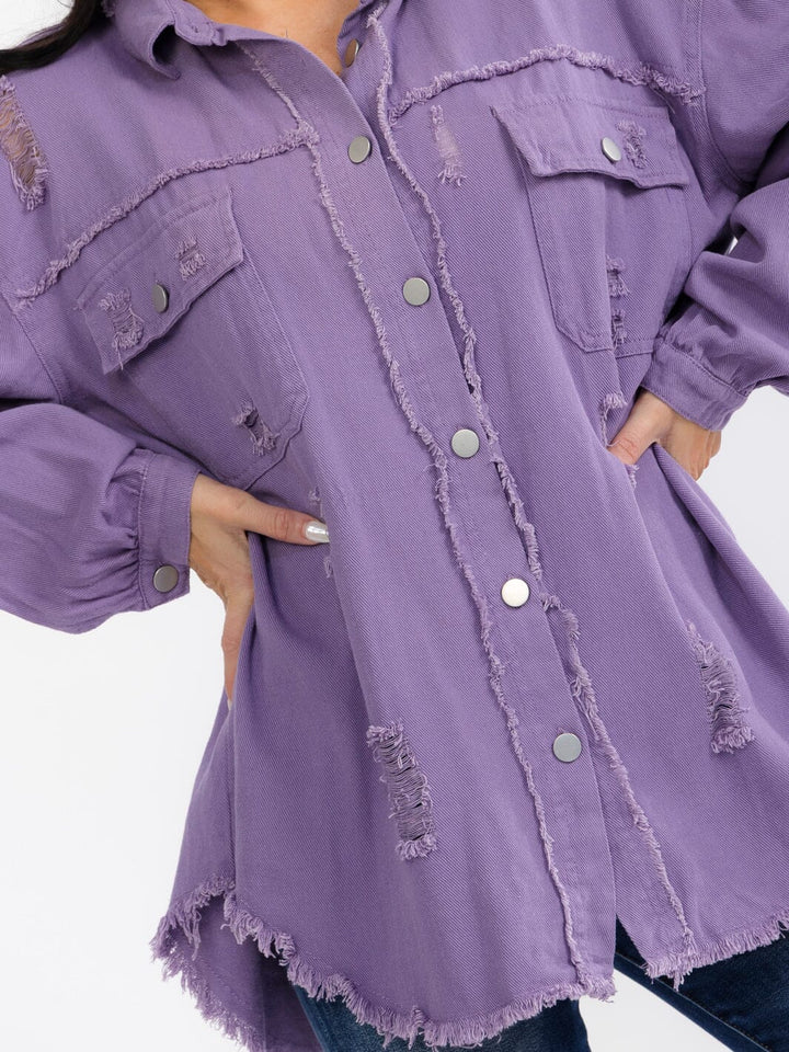 WOMEN'S LONG SLEEVE BUTTON UP FRONT POCKETS DENIM DISTRESS SHACKET