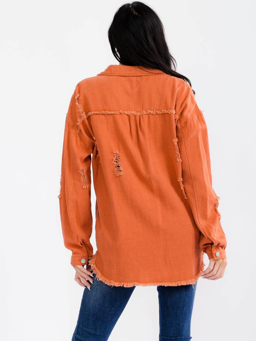 WOMEN'S LONG SLEEVE BUTTON UP FRONT POCKETS DENIM DISTRESS SHACKET