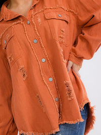 WOMEN'S LONG SLEEVE BUTTON UP FRONT POCKETS DENIM DISTRESS SHACKET
