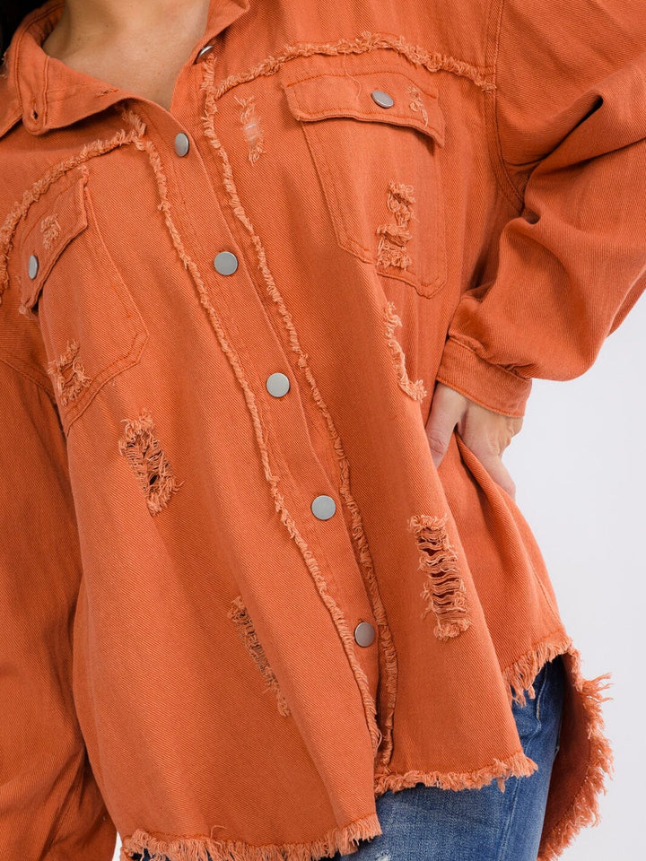 WOMEN'S LONG SLEEVE BUTTON UP FRONT POCKETS DENIM DISTRESS SHACKET