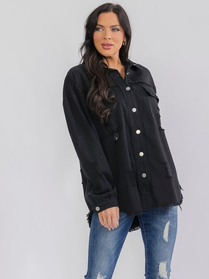 WOMEN'S LONG SLEEVE BUTTON UP FRONT POCKETS DENIM DISTRESS SHACKET