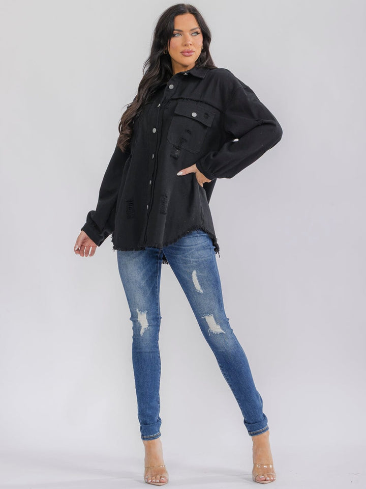 WOMEN'S LONG SLEEVE BUTTON UP FRONT POCKETS DENIM DISTRESS SHACKET