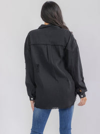 WOMEN'S LONG SLEEVE BUTTON UP FRONT POCKETS DENIM DISTRESS SHACKET