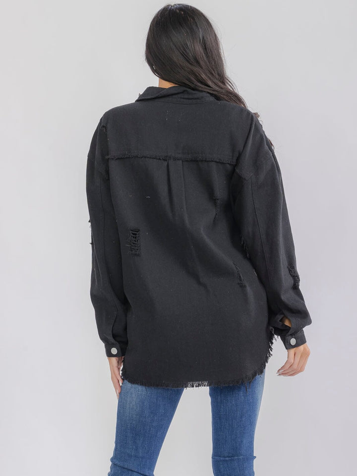 WOMEN'S LONG SLEEVE BUTTON UP FRONT POCKETS DENIM DISTRESS SHACKET