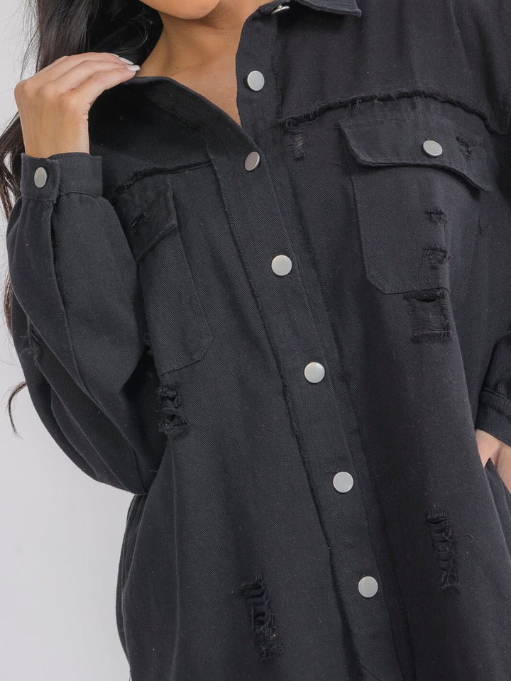 WOMEN'S LONG SLEEVE BUTTON UP FRONT POCKETS DENIM DISTRESS SHACKET