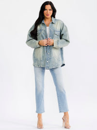 WOMEN'S LONG SLEEVE BUTTON UP POCKETS DENIM WASHED JACKET