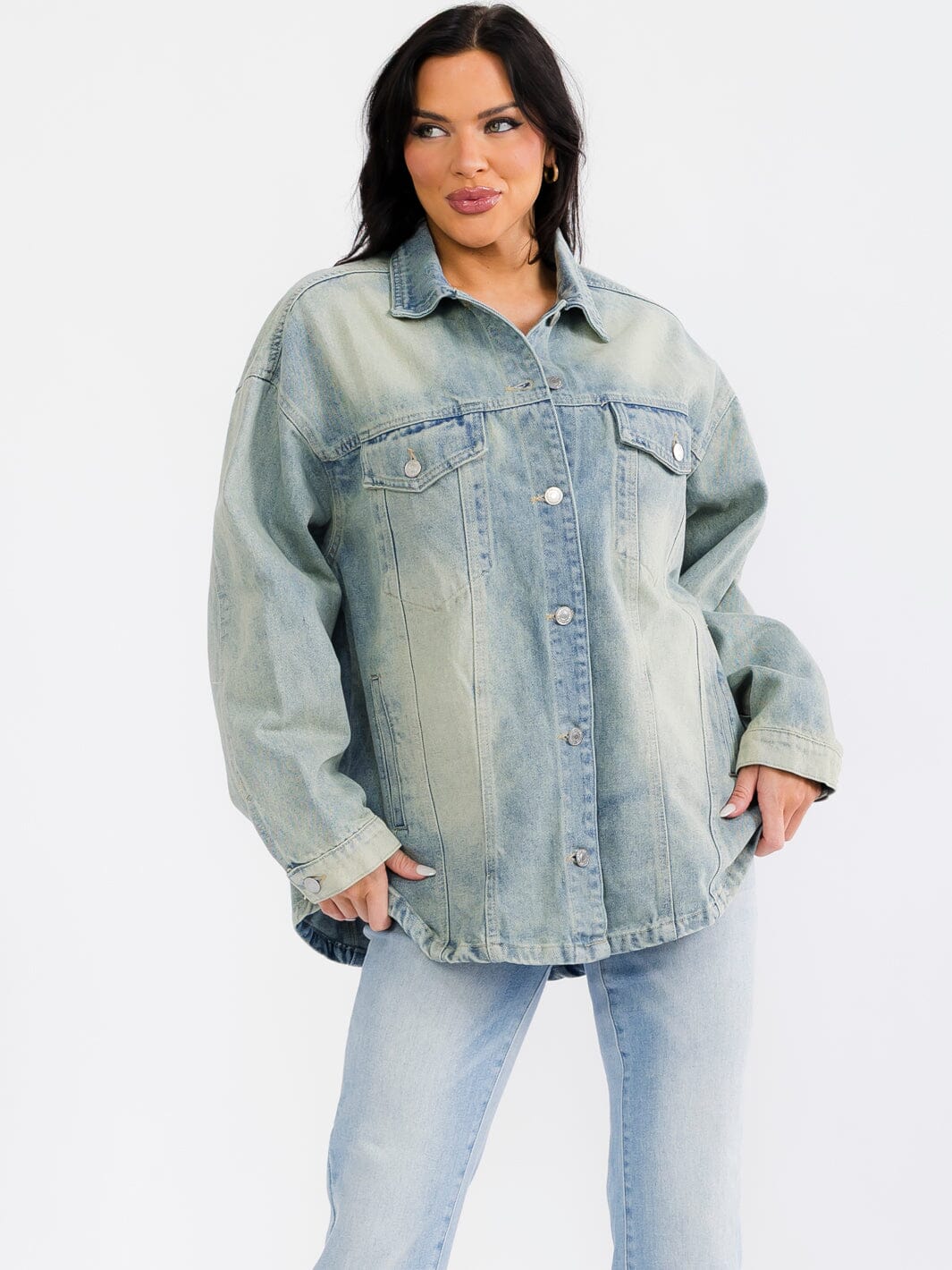 WOMEN'S LONG SLEEVE BUTTON UP POCKETS DENIM WASHED JACKET