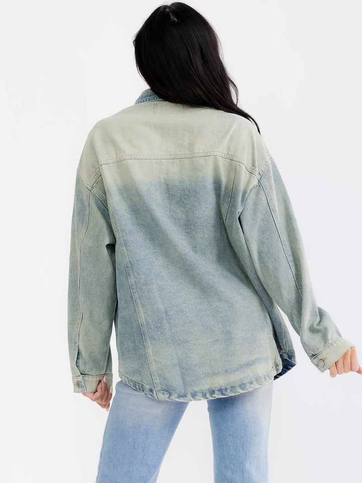 WOMEN'S LONG SLEEVE BUTTON UP POCKETS DENIM WASHED JACKET