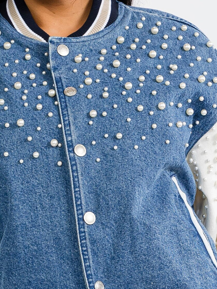 WOMEN'S LONG SLEEVE BUTTON UP FRONT POCKETS DENIM PEARL JACKET