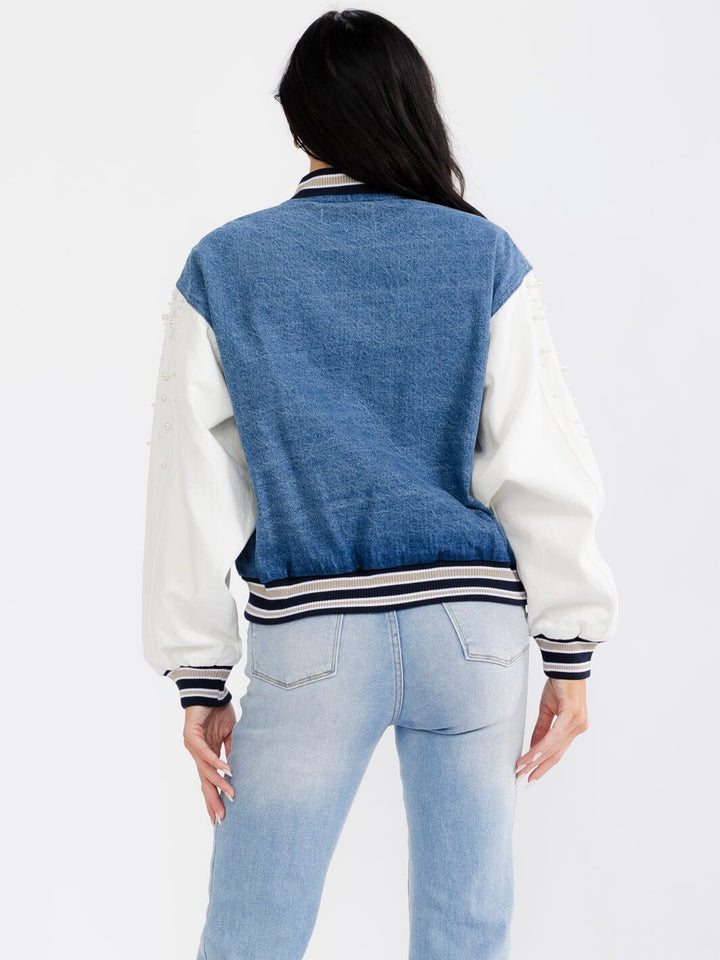 WOMEN'S LONG SLEEVE BUTTON UP FRONT POCKETS DENIM PEARL JACKET