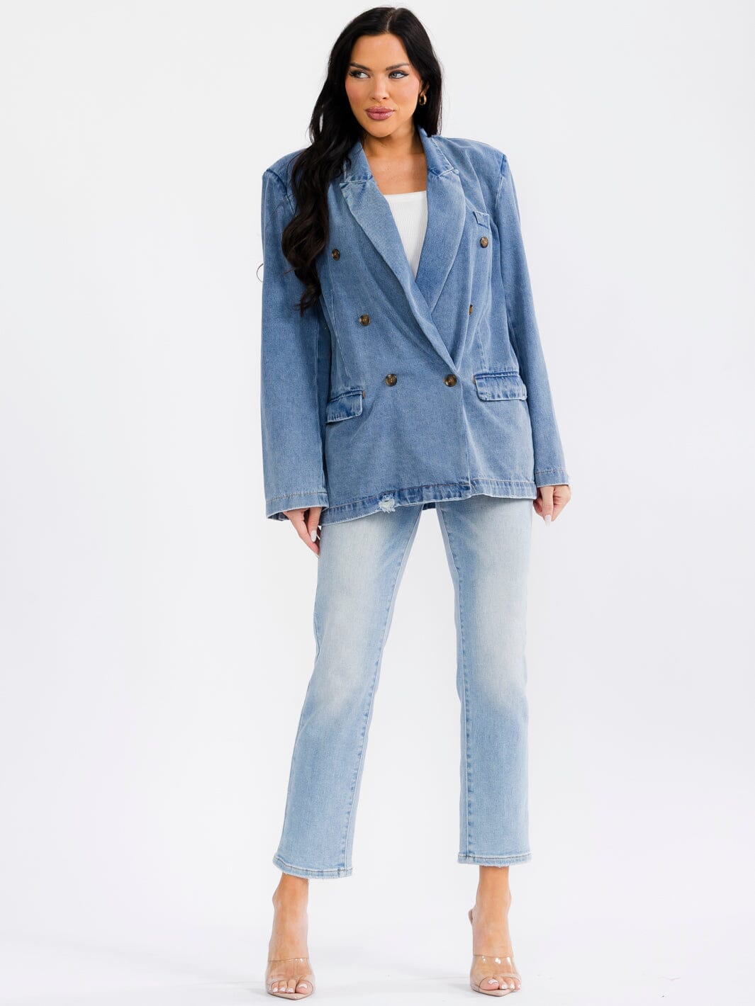 WOMEN'S LONG SLEEVE BUTTON UP POCKETS DENIM DISTRESS BLAZER