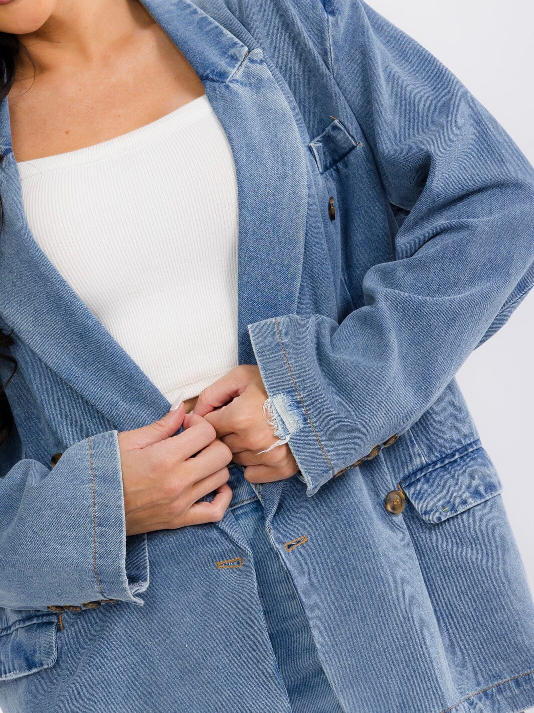 WOMEN'S LONG SLEEVE BUTTON UP POCKETS DENIM DISTRESS BLAZER