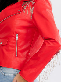 WOMEN'S LONG SLEEVE ZIP UP FRONT POCKETS STUD FRINGE PU PLEATHER JACKET