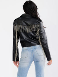 WOMEN'S LONG SLEEVE ZIP UP FRONT POCKETS STUD FRINGE PU PLEATHER JACKET