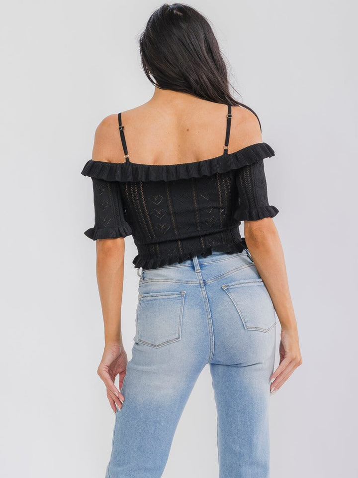 WOMEN'S COLD SHOULDER POINTELLE HEART KNIT TOP