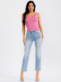 WOMEN'S SLEEVELESS SQUARE NECK BUTTON UP POINTELLE HEART KNIT TOP