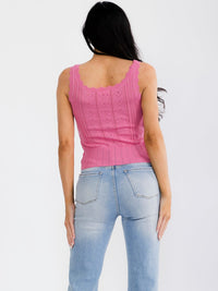 WOMEN'S SLEEVELESS SQUARE NECK BUTTON UP POINTELLE HEART KNIT TOP