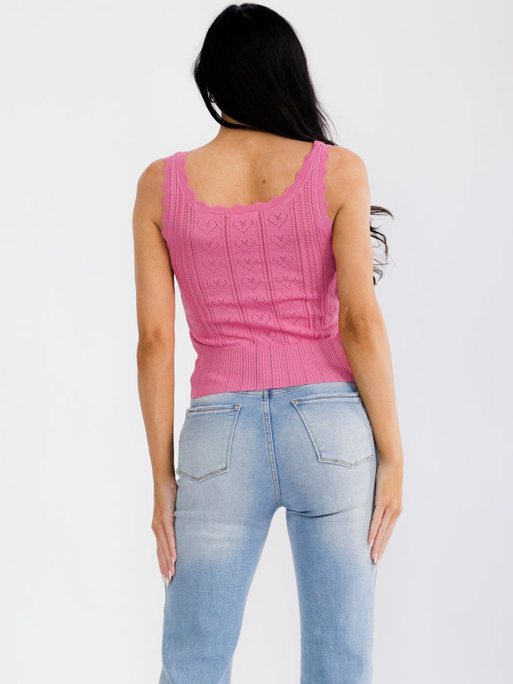 WOMEN'S SLEEVELESS SQUARE NECK BUTTON UP POINTELLE HEART KNIT TOP