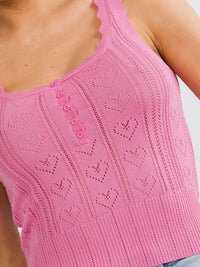 WOMEN'S SLEEVELESS SQUARE NECK BUTTON UP POINTELLE HEART KNIT TOP