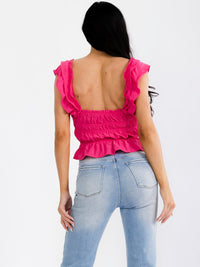 WOMEN'S SLEEVELESS SQUARE NECK BUTTON CLOSURE SMOCK RUFFLE TOP