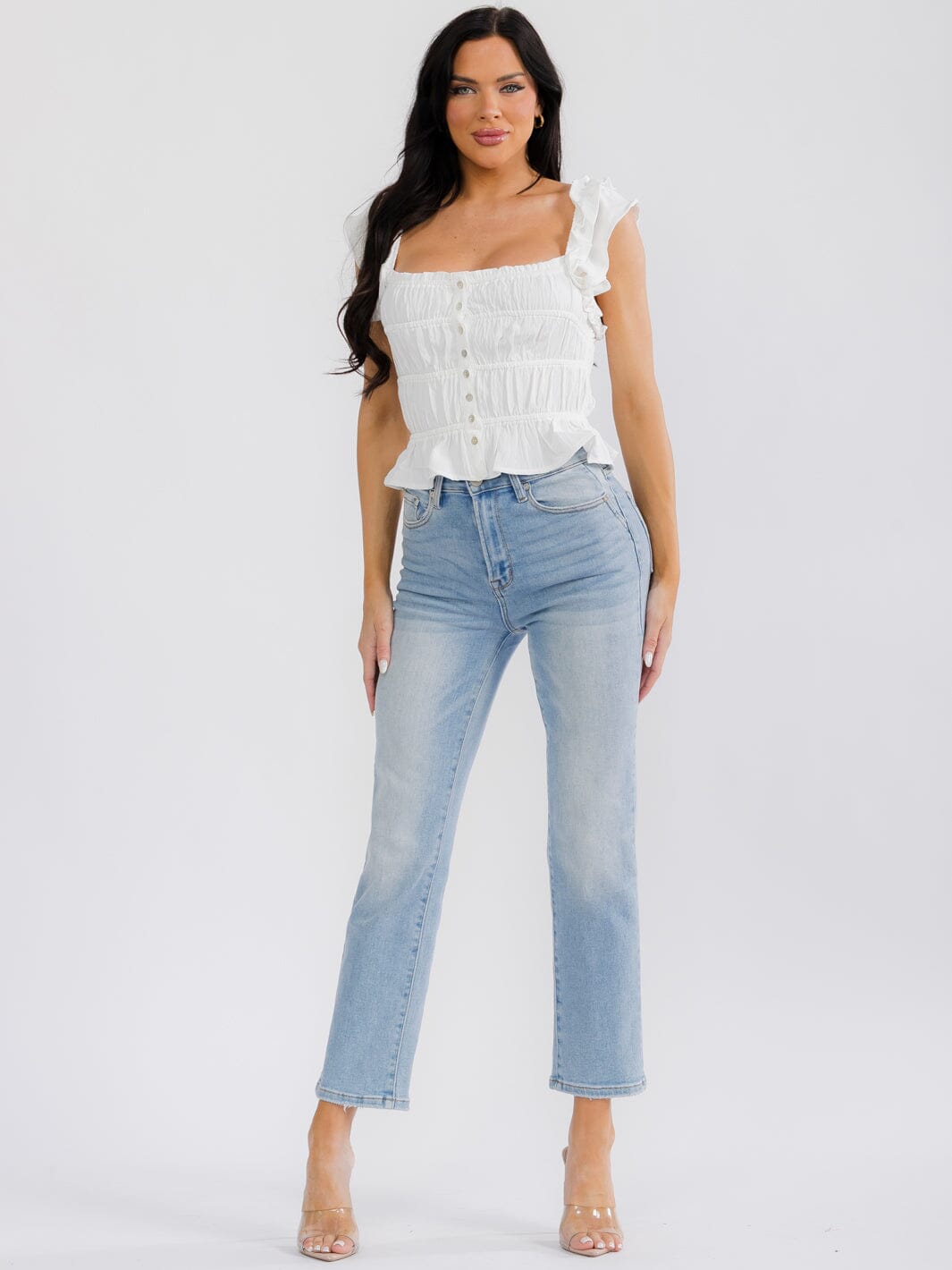 WOMEN'S SLEEVELESS SQUARE NECK BUTTON CLOSURE SMOCK RUFFLE TOP