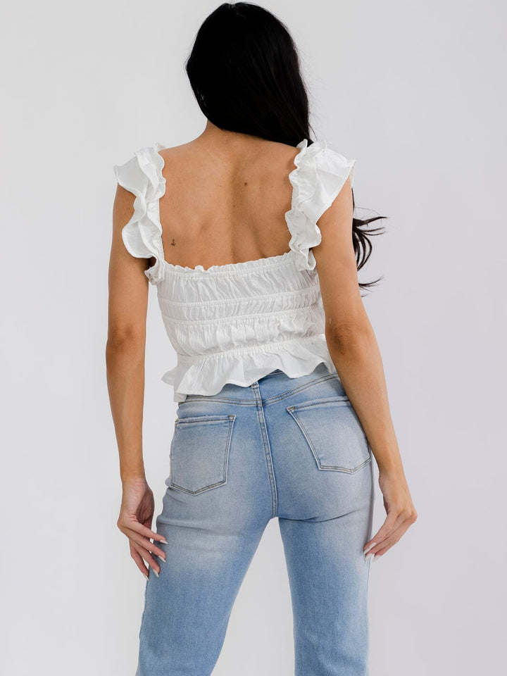 WOMEN'S SLEEVELESS SQUARE NECK BUTTON CLOSURE SMOCK RUFFLE TOP