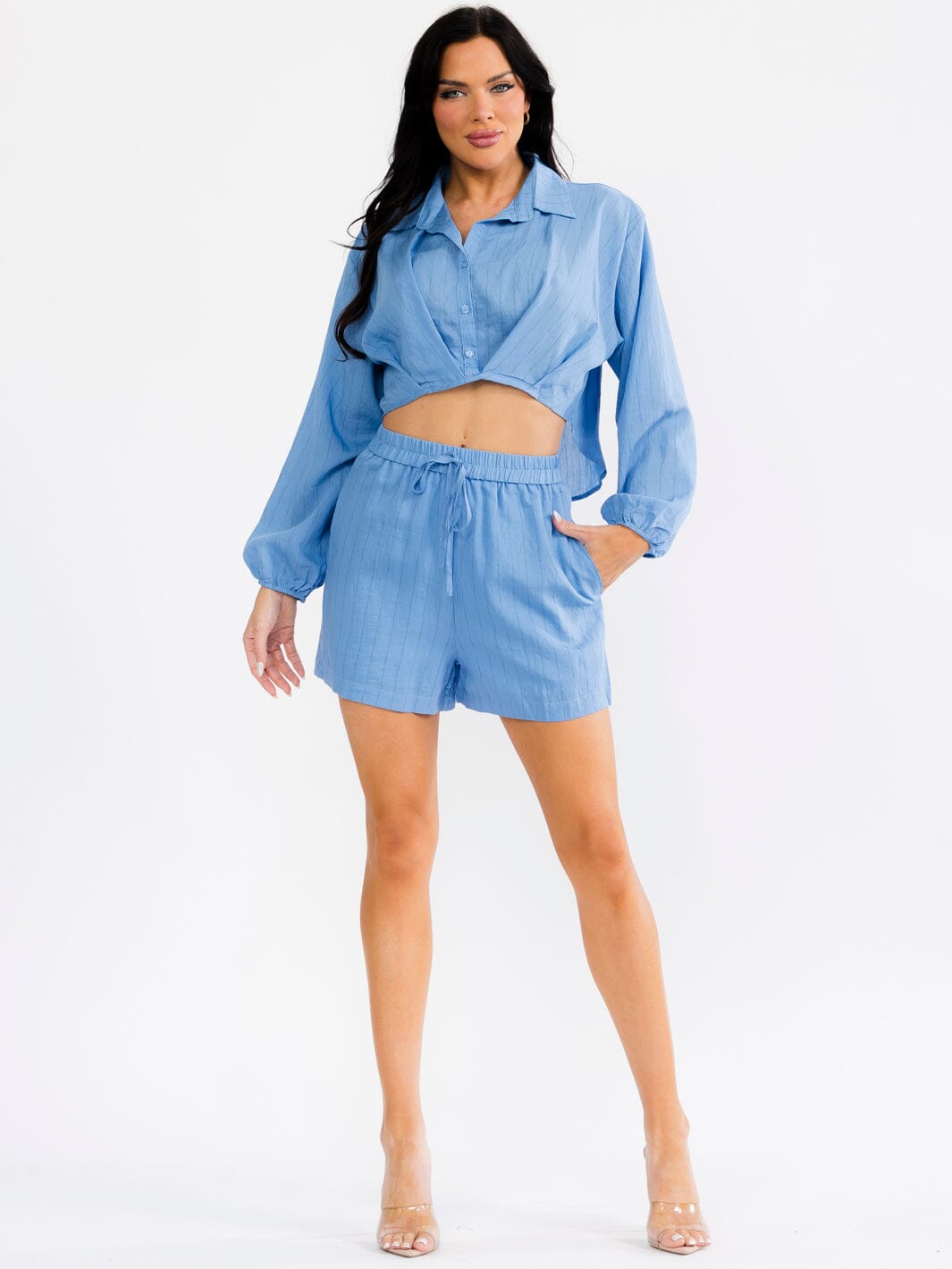 WOMEN'S LONG SLEEVE CROP TOP & ELASTIC WAIST SHORTS STRIPES 2PC. SET
