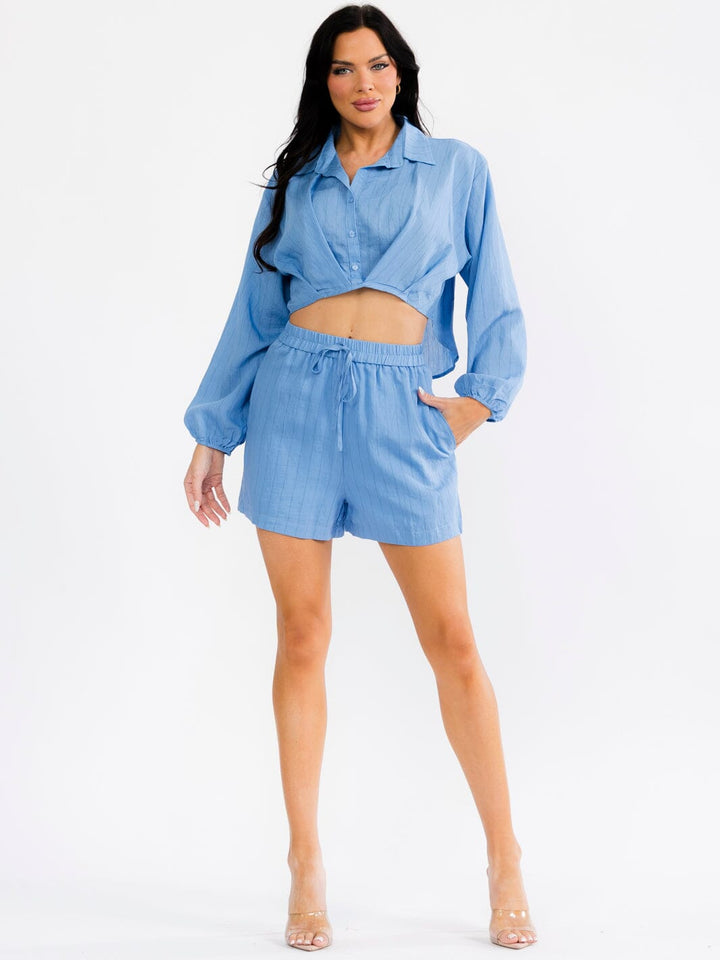 WOMEN'S LONG SLEEVE CROP TOP & ELASTIC WAIST SHORTS STRIPES 2PC. SET