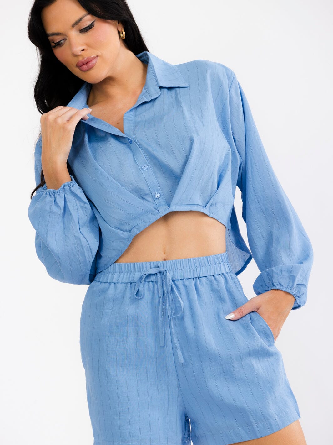 WOMEN'S LONG SLEEVE CROP TOP & ELASTIC WAIST SHORTS STRIPES 2PC. SET