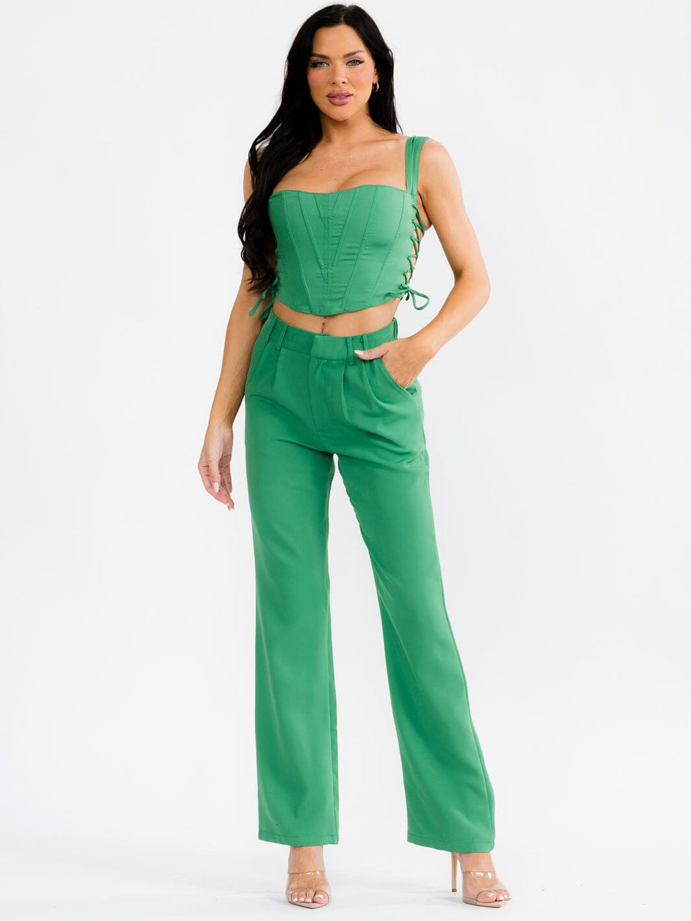 WOMEN'S SLEEVELESS LACE UP CROP TOP & BUTTON CLOSURE PANTS SOLID 2PC. SET