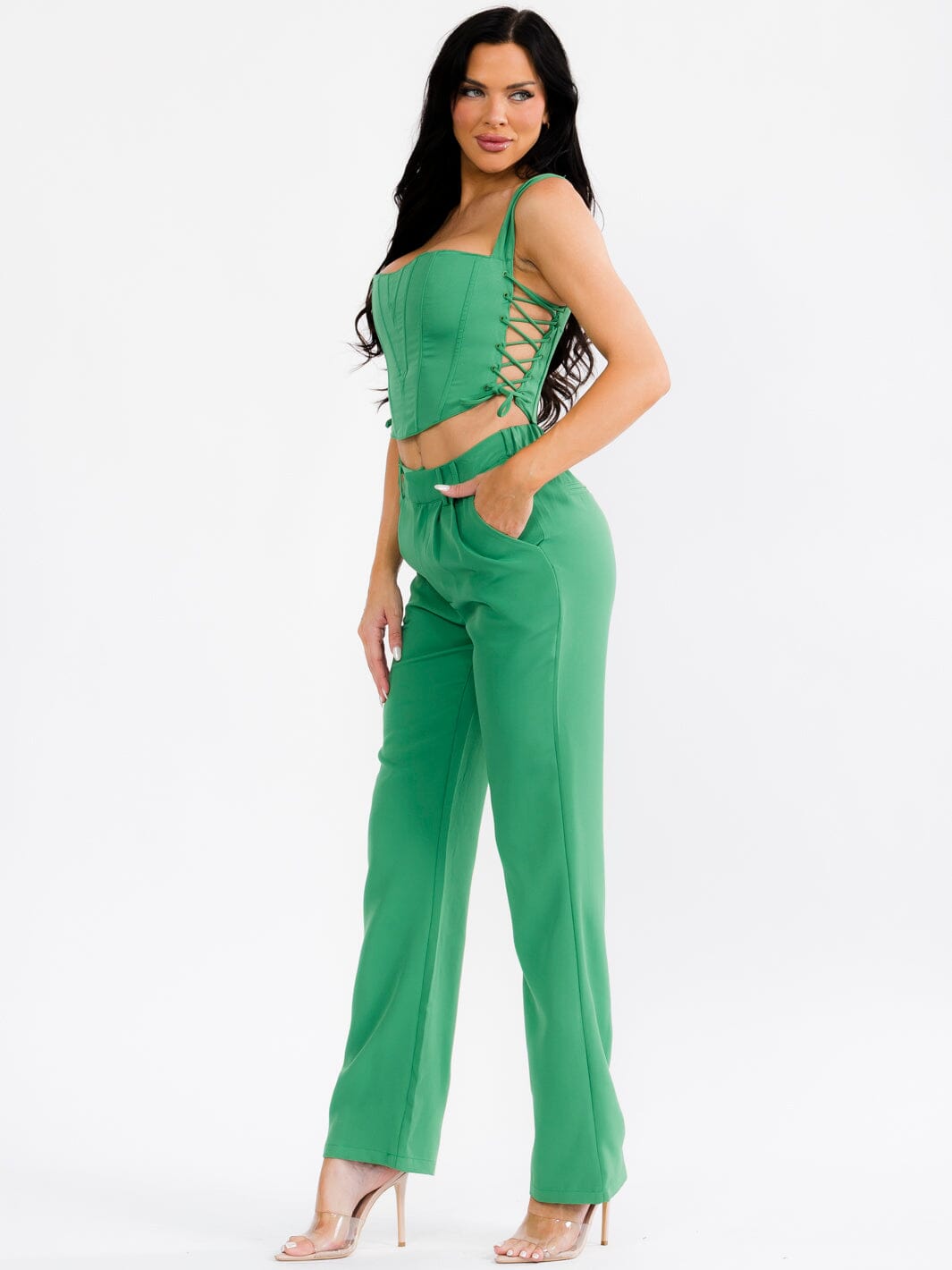WOMEN'S SLEEVELESS LACE UP CROP TOP & BUTTON CLOSURE PANTS SOLID 2PC. SET