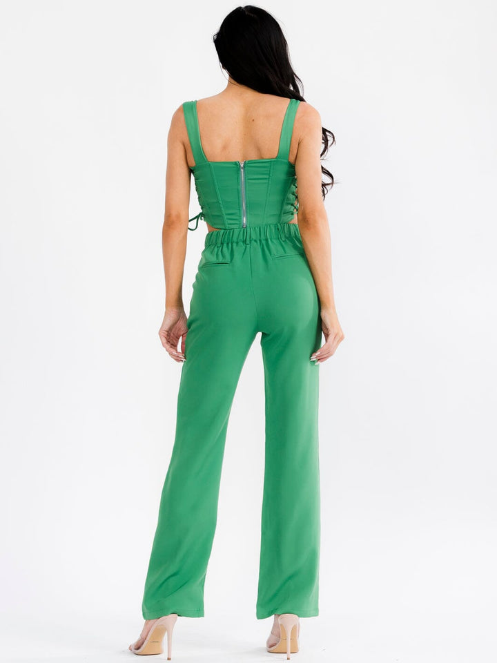 WOMEN'S SLEEVELESS LACE UP CROP TOP & BUTTON CLOSURE PANTS SOLID 2PC. SET