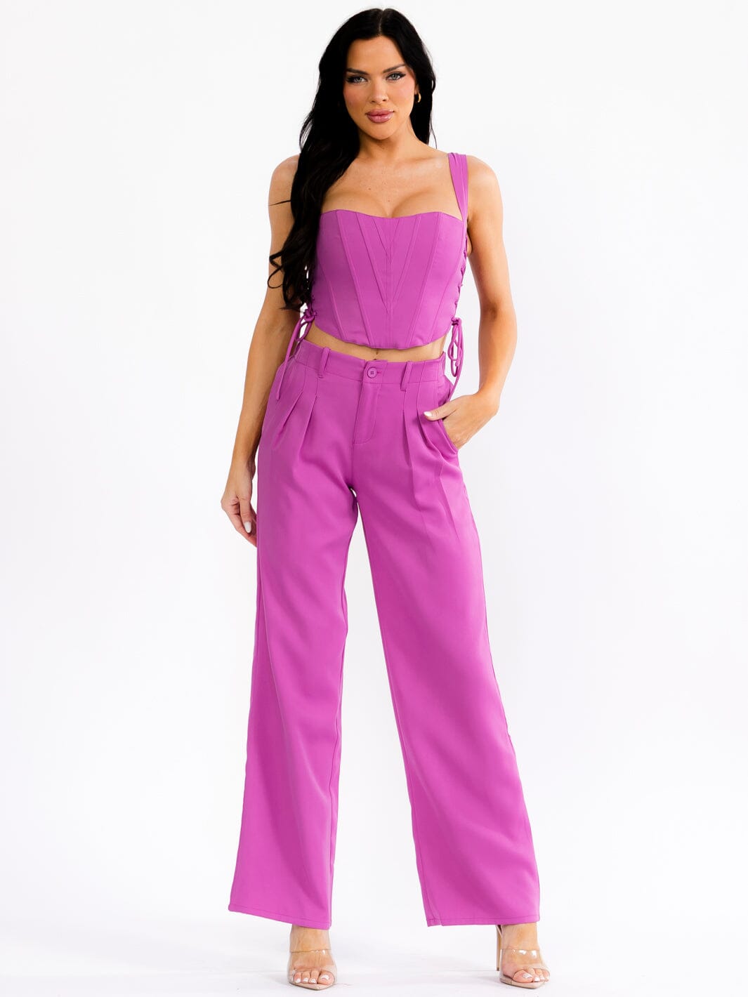 WOMEN'S SLEEVELESS LACE UP CROP TOP & BUTTON CLOSURE PANTS SOLID 2PC. SET