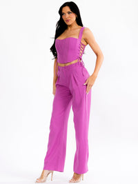WOMEN'S SLEEVELESS LACE UP CROP TOP & BUTTON CLOSURE PANTS SOLID 2PC. SET