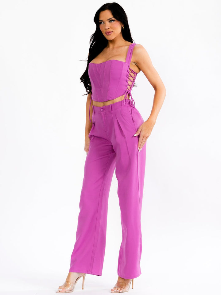 WOMEN'S SLEEVELESS LACE UP CROP TOP & BUTTON CLOSURE PANTS SOLID 2PC. SET