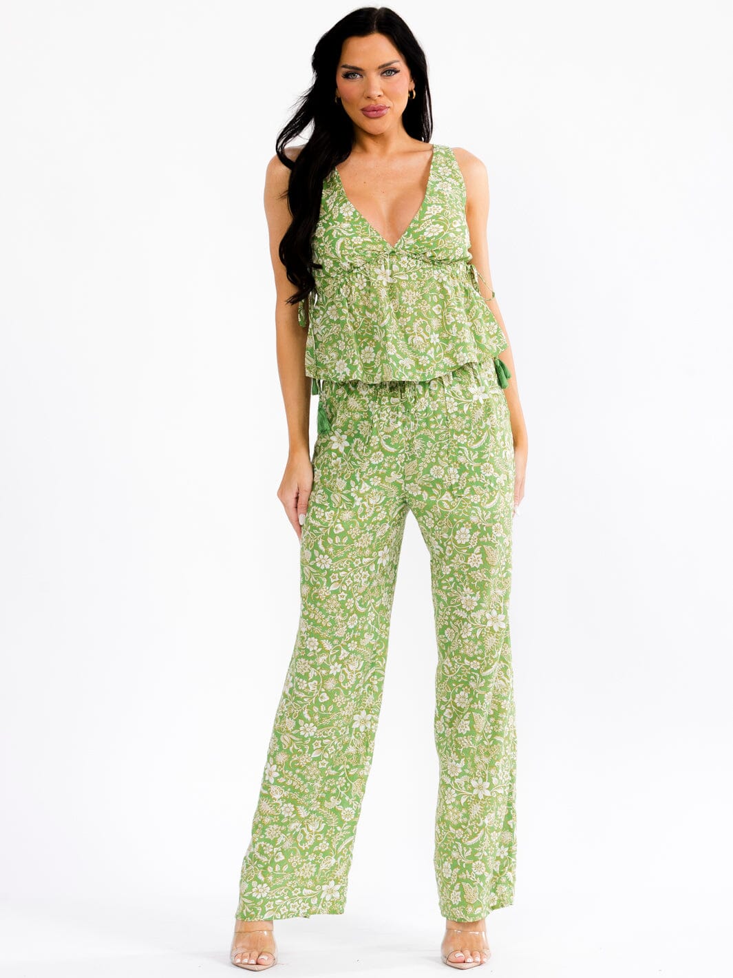 WOMEN'S SLEEVELESS V-NECK TOP & ELASTIC WAIST PANTS FLORAL 2PC. SET