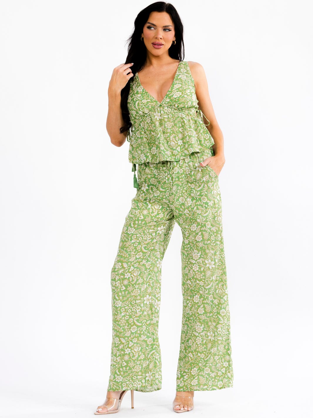 WOMEN'S SLEEVELESS V-NECK TOP & ELASTIC WAIST PANTS FLORAL 2PC. SET