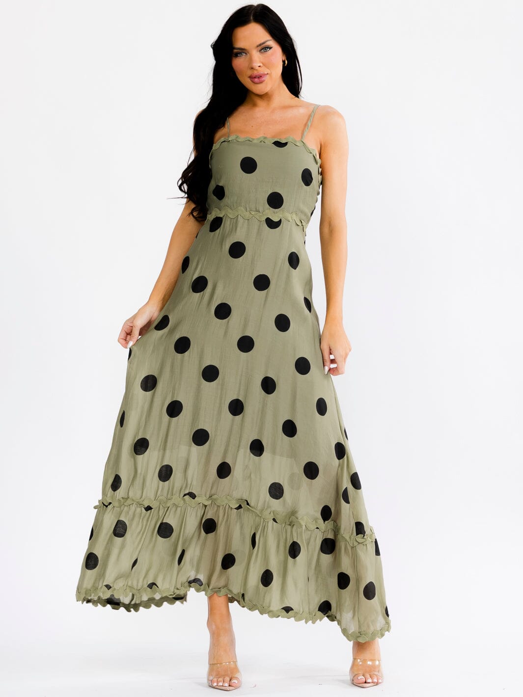 WOMEN'S SLEEVELESS SQUARE NECK TRIM DETAILED POLKA DOTS MAXI DRESS