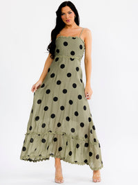 WOMEN'S SLEEVELESS SQUARE NECK TRIM DETAILED POLKA DOTS MAXI DRESS