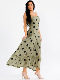 WOMEN'S SLEEVELESS SQUARE NECK TRIM DETAILED POLKA DOTS MAXI DRESS