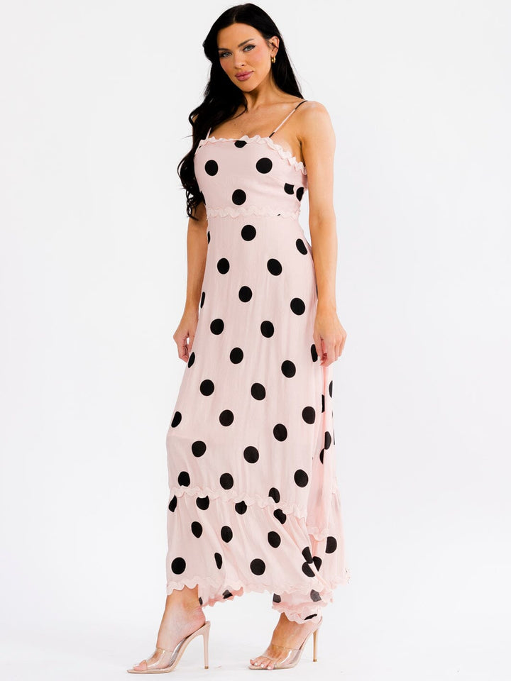 WOMEN'S SLEEVELESS SQUARE NECK TRIM DETAILED POLKA DOTS MAXI DRESS