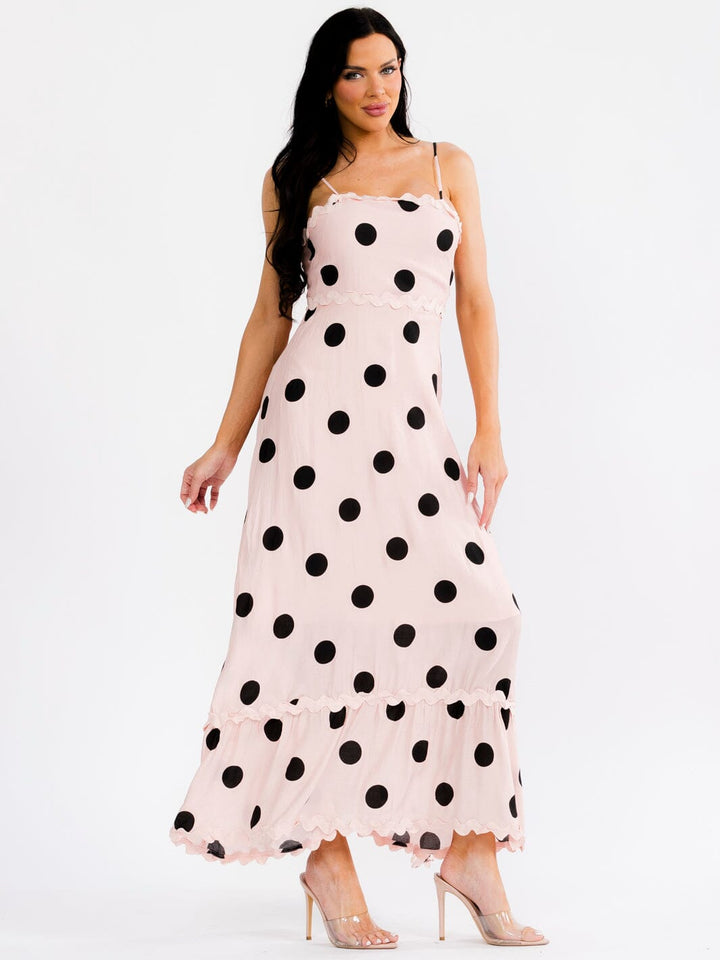 WOMEN'S SLEEVELESS SQUARE NECK TRIM DETAILED POLKA DOTS MAXI DRESS