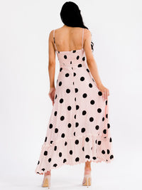 WOMEN'S SLEEVELESS SQUARE NECK TRIM DETAILED POLKA DOTS MAXI DRESS