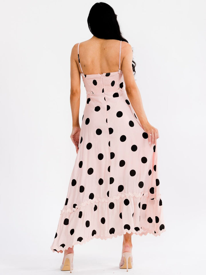 WOMEN'S SLEEVELESS SQUARE NECK TRIM DETAILED POLKA DOTS MAXI DRESS