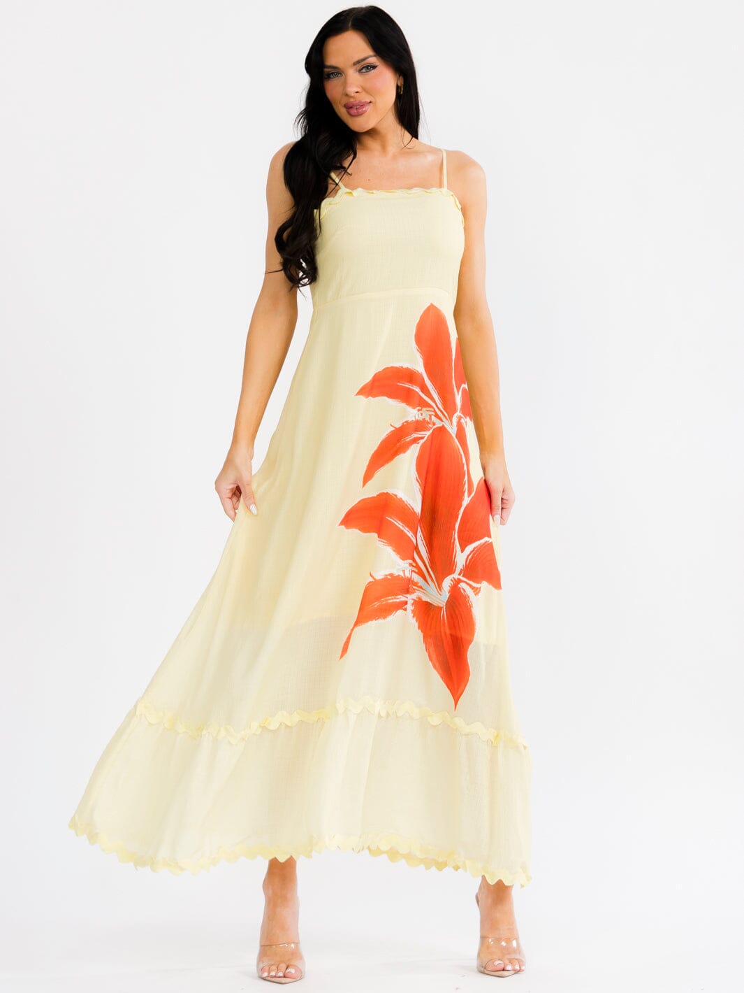 WOMEN'S SLEEVELESS SQUARE NECK SMOCK TRIM DETAILED FLORAL MAXI DRESS
